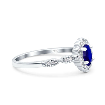 Halo Vintage Floral Art Deco Wedding Ring Oval Simulated Blue Sapphire CZ 925 Sterling Silver